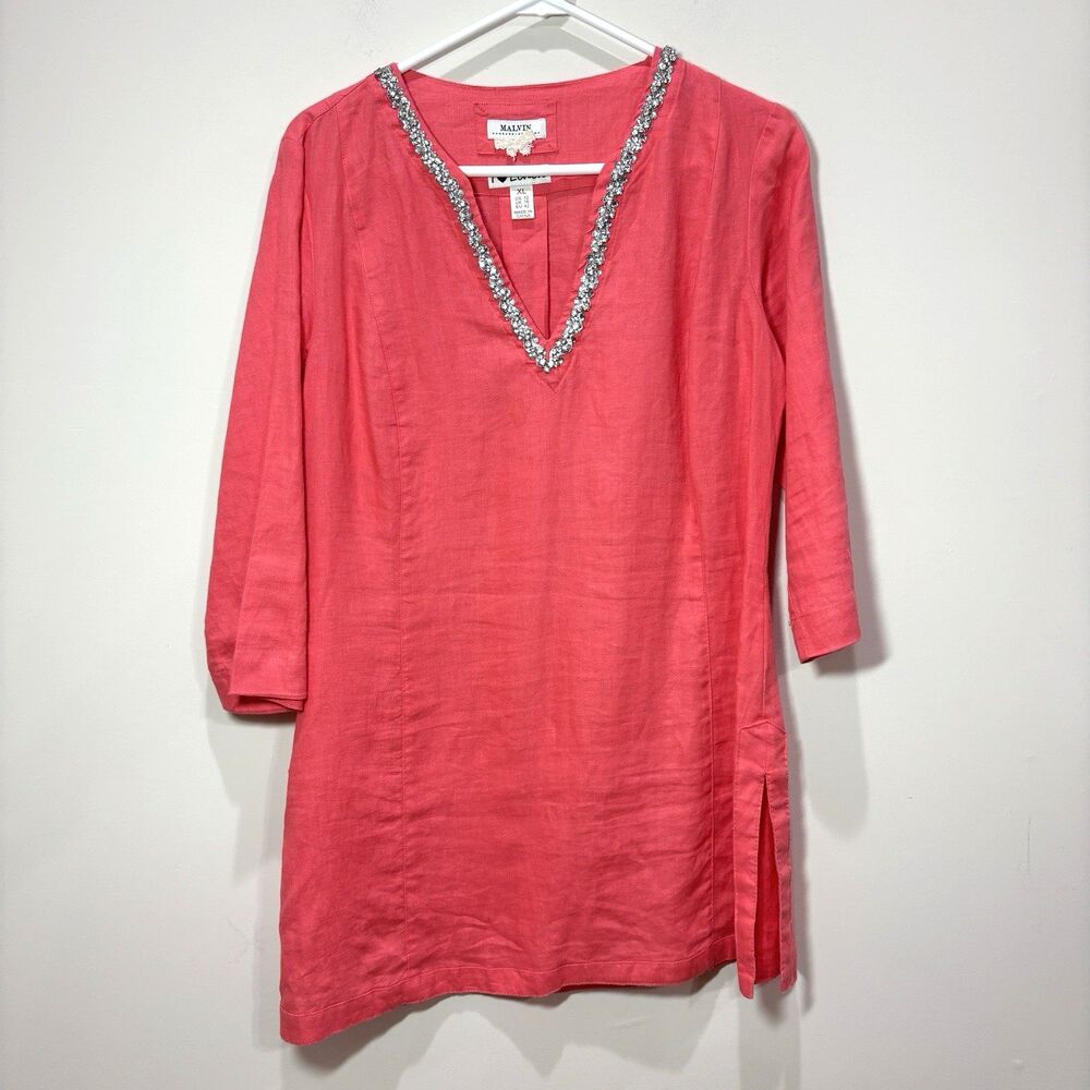 Malvin 100% Linen Coral Pink Tunic Top 3/4 Sleeve Rhinestones Women XL Lagenlook